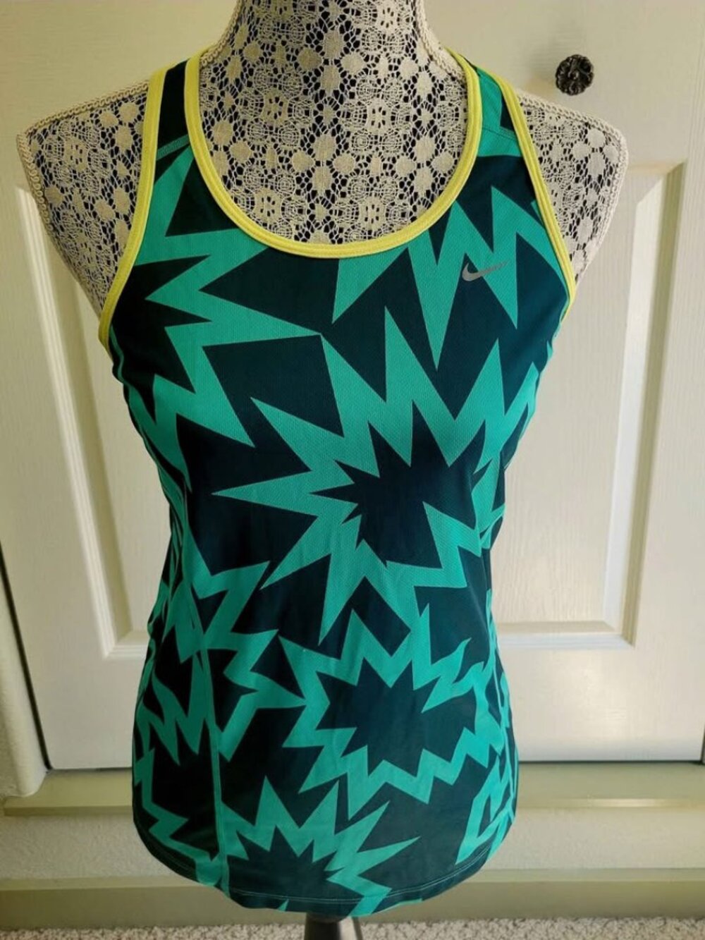 Tank Top Teal And Black Geometric Starburst Pattern Neon Yellow Trim